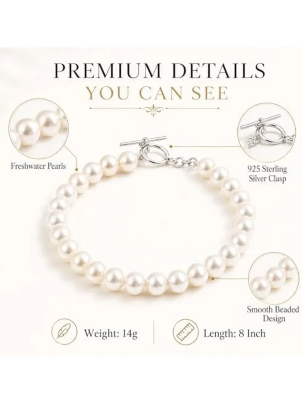 Freshwater Cultured White Pearl Bracelet in Sterling Silver for Women - Elegant